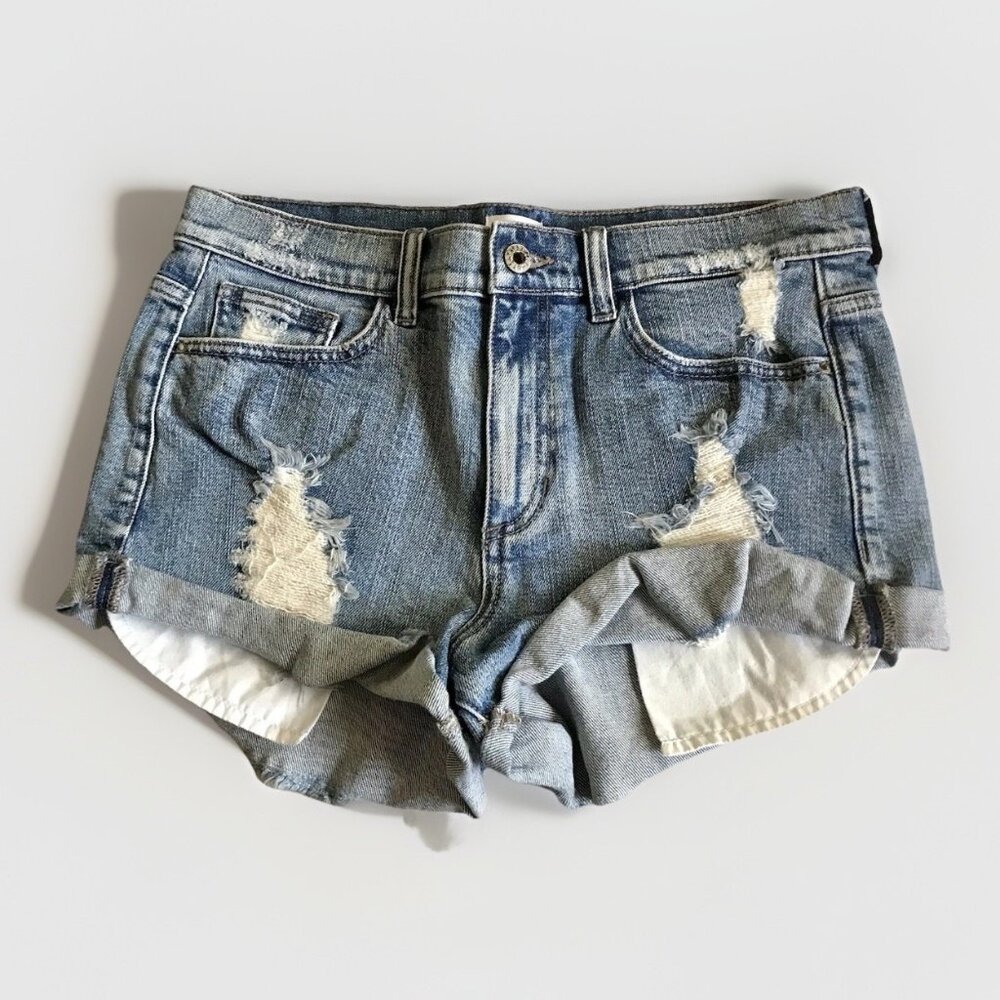 SNEAK PEEK Women’s High-Rise Distressed Cuffed Blue Denim Shortie Shorts‎ Medium